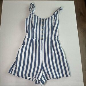 Hollister Blue & White Stripe Ruffle Strap Romper Smocked Back Coastal Summer
